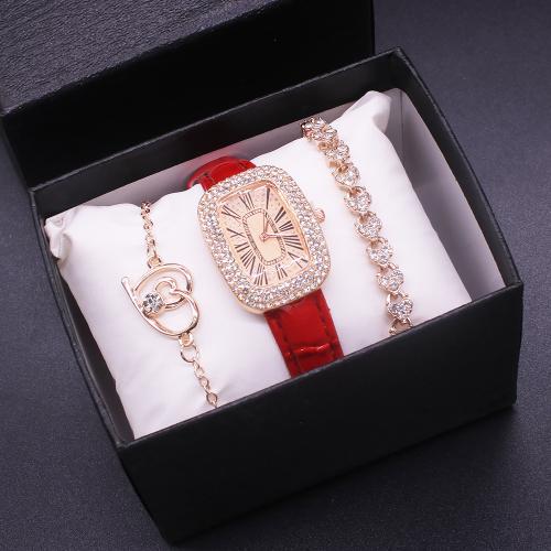 Stainless Steel & PU Leather & Zinc Alloy Jewelry Set for women & three piece & with rhinestone plated PC