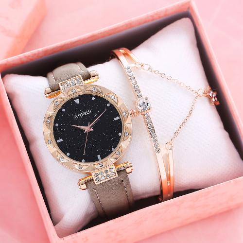 Glass & Stainless Steel & PU Leather & Zinc Alloy Jewelry Set for women & two piece & with rhinestone PC