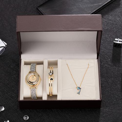 316 Stainless Steel & Glass & Zinc Alloy Jewelry Set for women & three piece & with rhinestone PU Leather plated Set