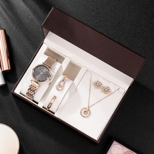 Glass & Zinc Alloy Jewelry Set for women & four piece & with rhinestone PU Leather plated Set
