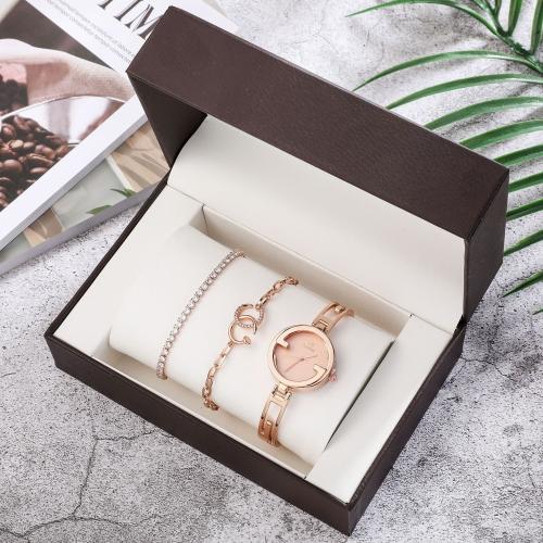 Glass & Stainless Steel & Zinc Alloy Jewelry Set for women & three piece & with rhinestone plated rose gold Set