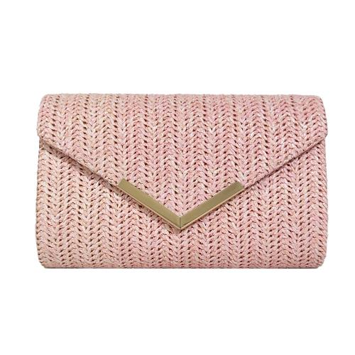 PP Straw Easy Matching & Weave Clutch Bag with chain pink PC
