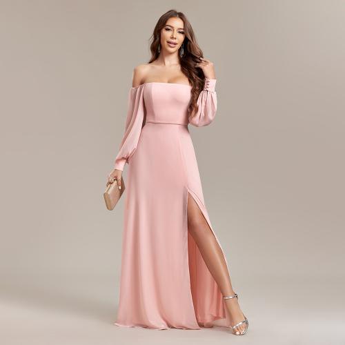 Polyester Slim Long Evening Dress side slit & tube pink PC