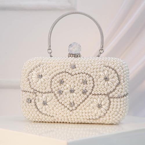 Plastic Pearl & Polyester Evening Party & Handbag Clutch Bag attached with hanging strap & with rhinestone white PC