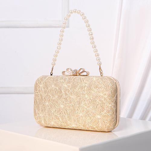 Alpace Wool & PU Leather & Plastic Pearl Evening Party Clutch Bag with chain & attached with hanging strap & with rhinestone Solid PC