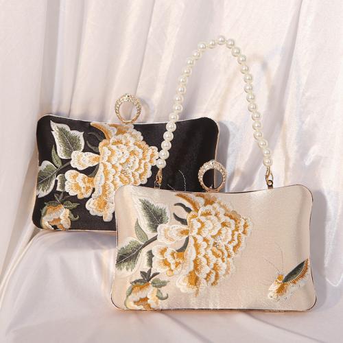 Real Silk & Plastic Pearl Easy Matching Clutch Bag with chain & attached with hanging strap & with rhinestone floral PC