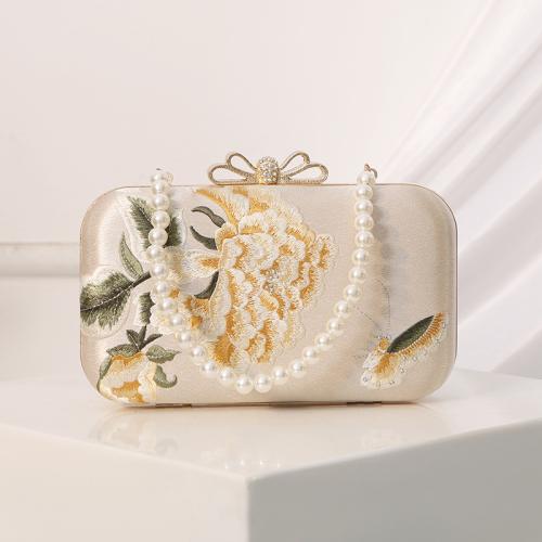 Plastic Pearl & Polyester hard-surface & Evening Party Clutch Bag with chain & attached with hanging strap floral PC