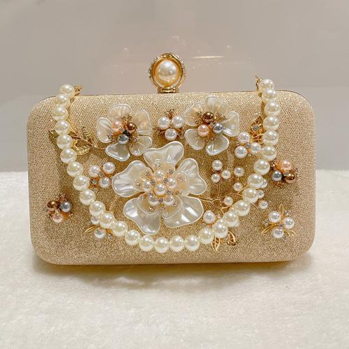 PU Leather & Plastic Pearl Evening Party Clutch Bag attached with hanging strap & with rhinestone champagne PC