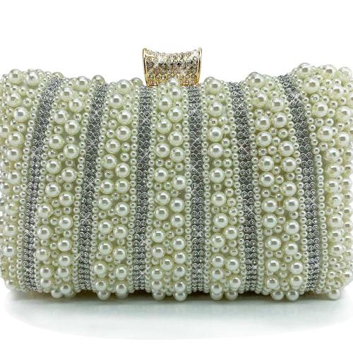 Satin & Plastic Pearl Evening Party Clutch Bag with chain & attached with hanging strap & with rhinestone PC