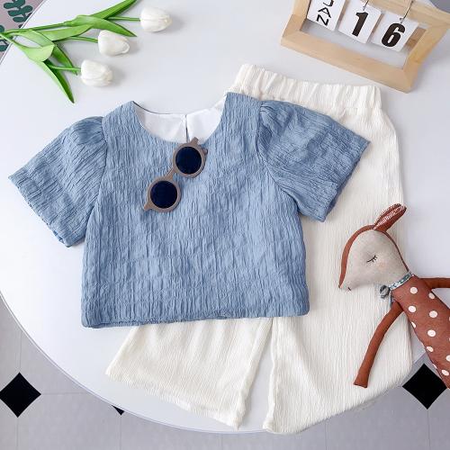 Polyester Soft Girl Clothes Set & two piece & breathable Solid blue Pair