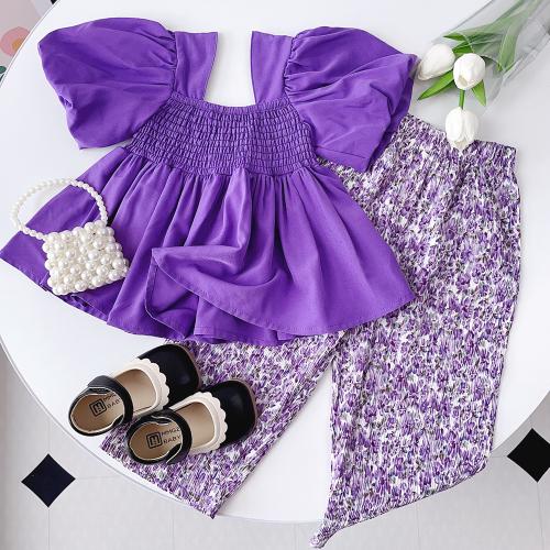 Polyester Soft Girl Clothes Set & two piece & loose & breathable printed shivering purple Set