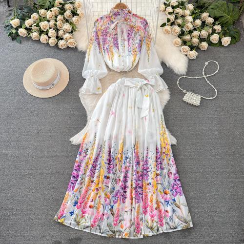 Polyester Two-Piece Dress Set large hem design & two piece & breathable printed floral Set