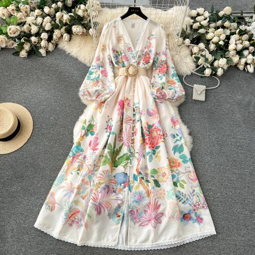 Polyester Waist-controlled One-piece Dress & breathable printed floral PC