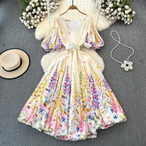 Polyester Waist-controlled One-piece Dress deep V & breathable printed floral PC