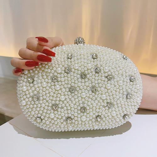 PU Leather & Plastic Pearl Easy Matching Clutch Bag with chain & attached with hanging strap & with rhinestone white PC