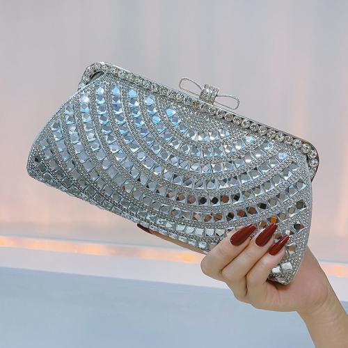 Glett & Polyester Clutch Bag with chain & attached with hanging strap & with rhinestone silver PC