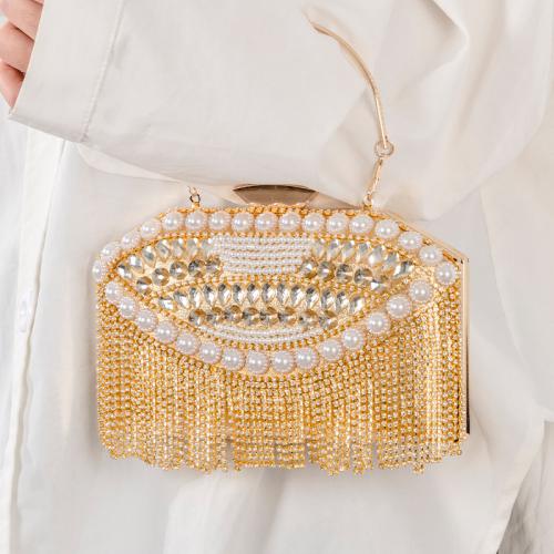Plastic Pearl & Polyester Easy Matching Clutch Bag with rhinestone gold PC