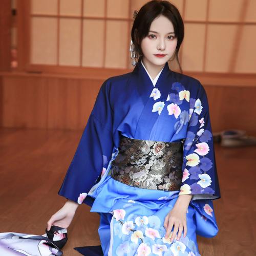 Poliéster Kimono Sexy, impreso, floral, azul,  trozo