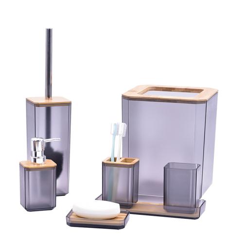 Polystyrene & Bamboo & Stainless Steel Bathroom Accessories Set seven piece tray & Hand Sanitizer Bottle & trash can & toilet brush & Soap Case & toothbrush cup & Tooth Mug Solid Set