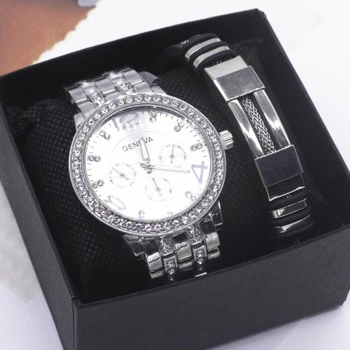Glass & Stainless Steel & PU Leather & Zinc Alloy for man Jewelry Set two piece & with rhinestone PC