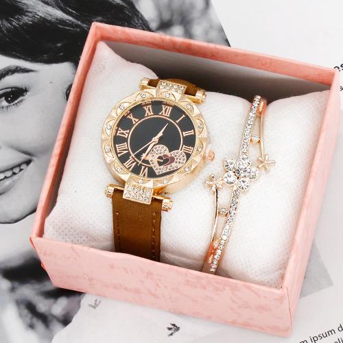 Glass & Stainless Steel & PU Leather & Zinc Alloy Jewelry Set for women & two piece & with rhinestone plated Set