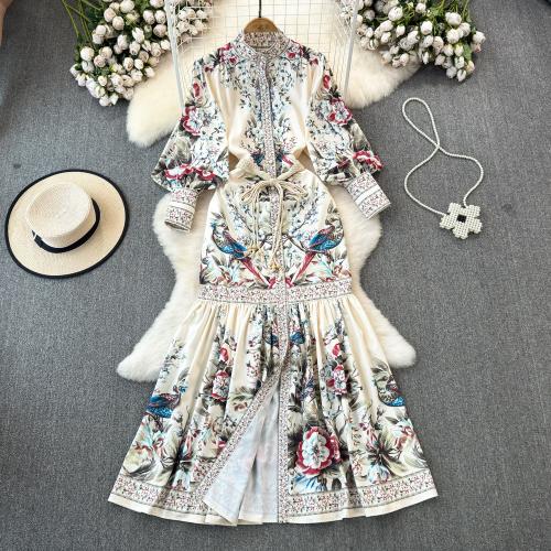Polyester Waist-controlled & Soft One-piece Dress large hem design printed floral PC