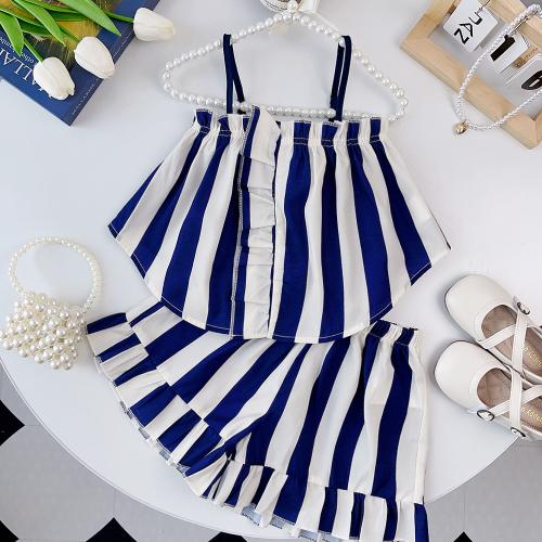 Polyester Girl Clothes Set & two piece & off shoulder & loose printed striped blue Set