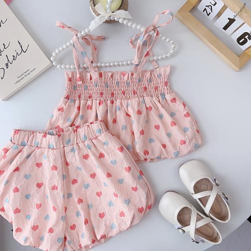 Polyester Girl Clothes Set & two piece & off shoulder & sweat absorption printed heart pattern pink Set