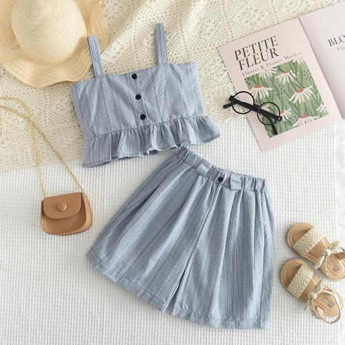 Polyester Girl Clothes Set & two piece & loose & breathable Solid blue Set