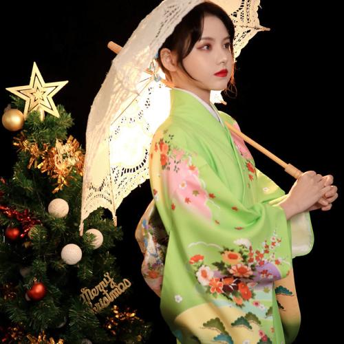 Polyester Sexy Kimono Kimono Kostuum & Riem Afgedrukt Bloemen Groene Instellen