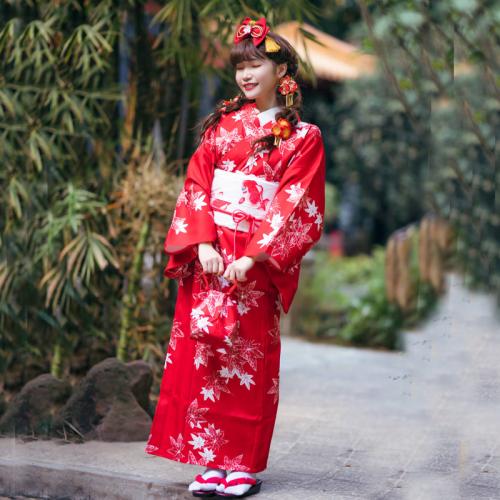 Polyester Sexy Kimono Cute & loose Kimono Costume & belt printed floral red Set