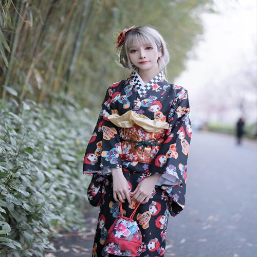 Polyester Sexy Kimono Cute & loose Kimono Costume & belt printed black Set