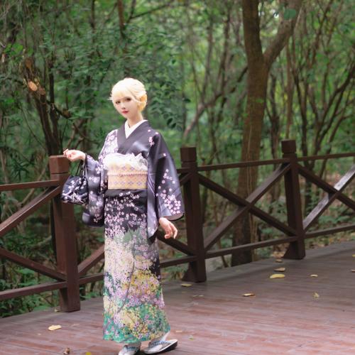 Polyester Sexy Kimono Kimono Costume & Ceinture Imprimé Floral Noir Ensemble