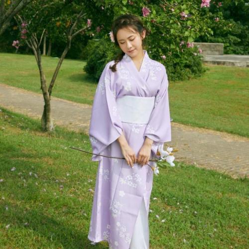 Polyester Sexy Kimono Cute & loose Kimono Costume & belt printed floral purple Set