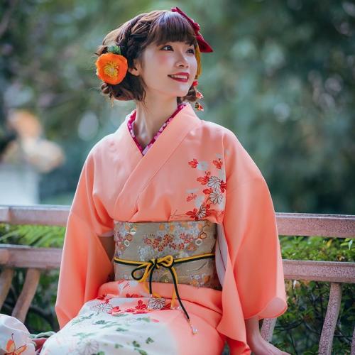 Polyester Sexy Kimono Cute & loose Kimono Costume & belt printed floral orange Set