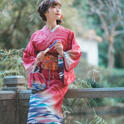 Polyester Sexy Kimono Cute & loose Kimono Costume & belt printed striped red Set