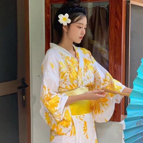Polyester Sexy Kimono Afgedrukt Bloemen Geel stuk