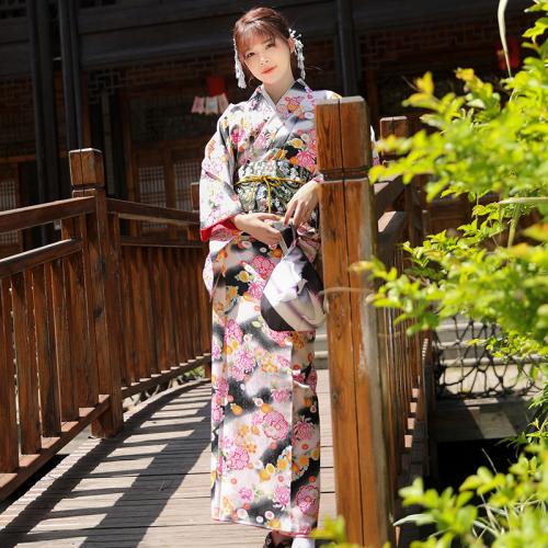 Poliéster Kimono Sexy, Disfraz de kimono & cinturón, impreso, floral, caqui,  trozo