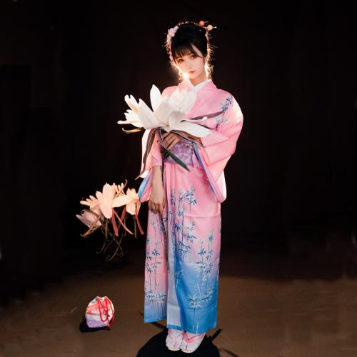 Polyester Sexy Kimono Cute & loose Kimono Costume & belt printed floral pink PC