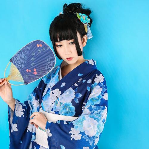 Poliéster Kimono Sexy, Disfraz de kimono & cinturón, impreso, floral, azul,  trozo
