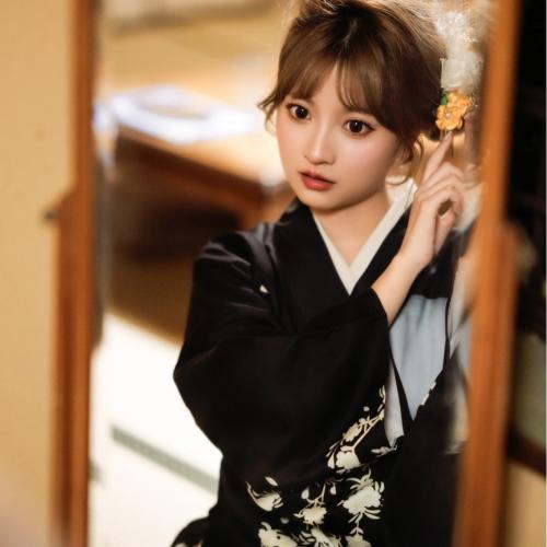 Polyester Sexy Kimono Cute & loose Kimono Costume & belt printed floral black PC
