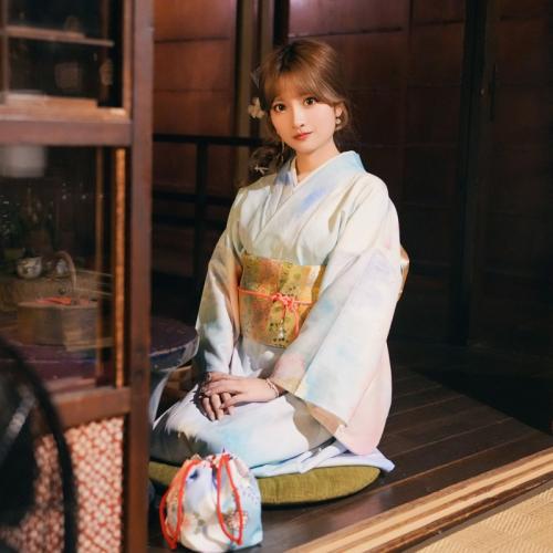 Polyester Sexy Kimono Cute & loose Kimono Costume & belt blue PC
