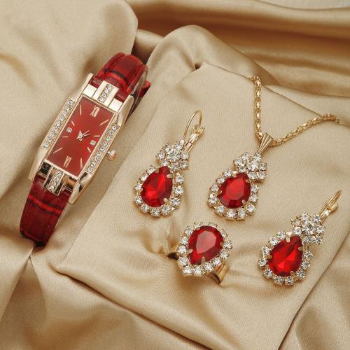 Stainless Steel & PU Leather & Zinc Alloy Jewelry Set for women & with rhinestone plated red Set