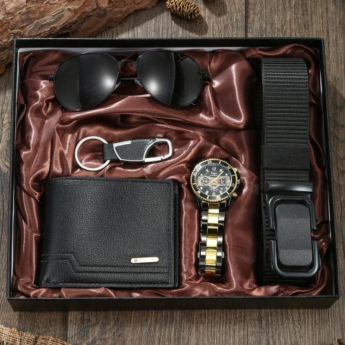 Glass & Stainless Steel & PU Leather & Zinc Alloy for man Gift Set five piece black Set