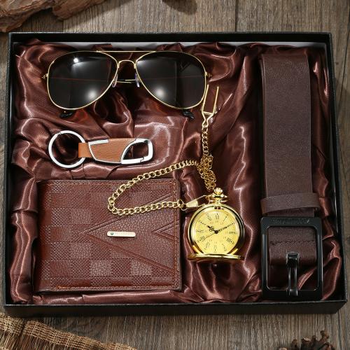 Glass & Stainless Steel & PU Leather & Zinc Alloy for man Gift Set five piece plated brown PC