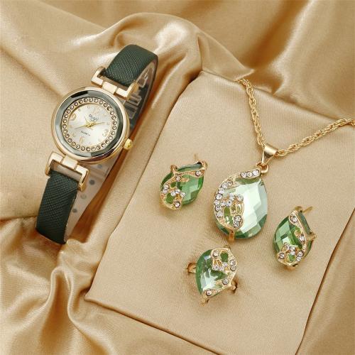 Glass & Stainless Steel & PU Leather & Zinc Alloy Jewelry Set for women & four piece & with rhinestone plated green Set