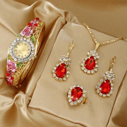 Glass & Stainless Steel & Zinc Alloy Jewelry Set for women & four piece & with rhinestone plated Set