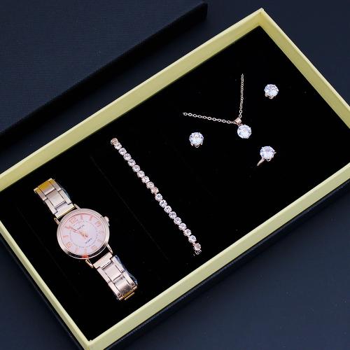Glass & Stainless Steel & Zinc Alloy Jewelry Set for women & five piece & with rhinestone plated Set