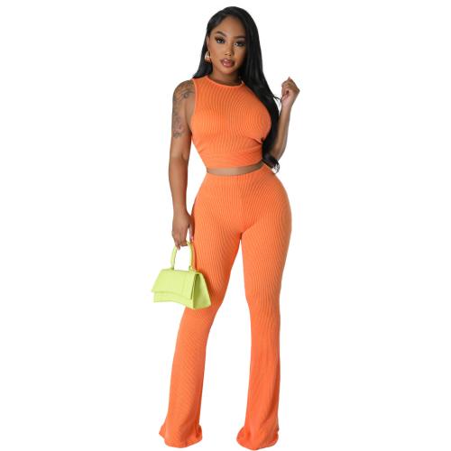 Polyester bell-bottom Women Casual Set flexible & two piece Solid Set