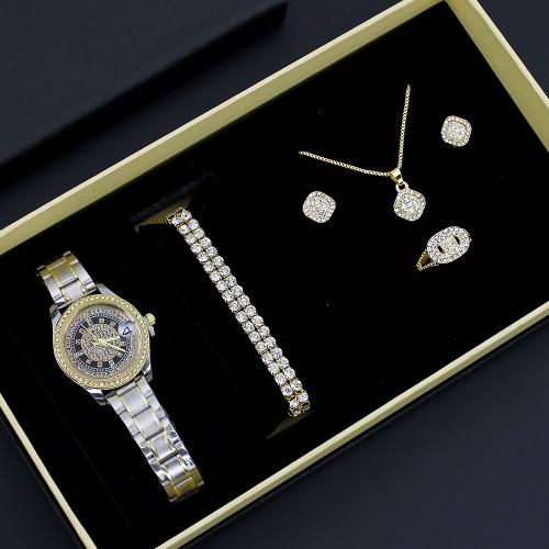 Glass & Stainless Steel & Zinc Alloy Jewelry Set for women & five piece & with rhinestone plated Set